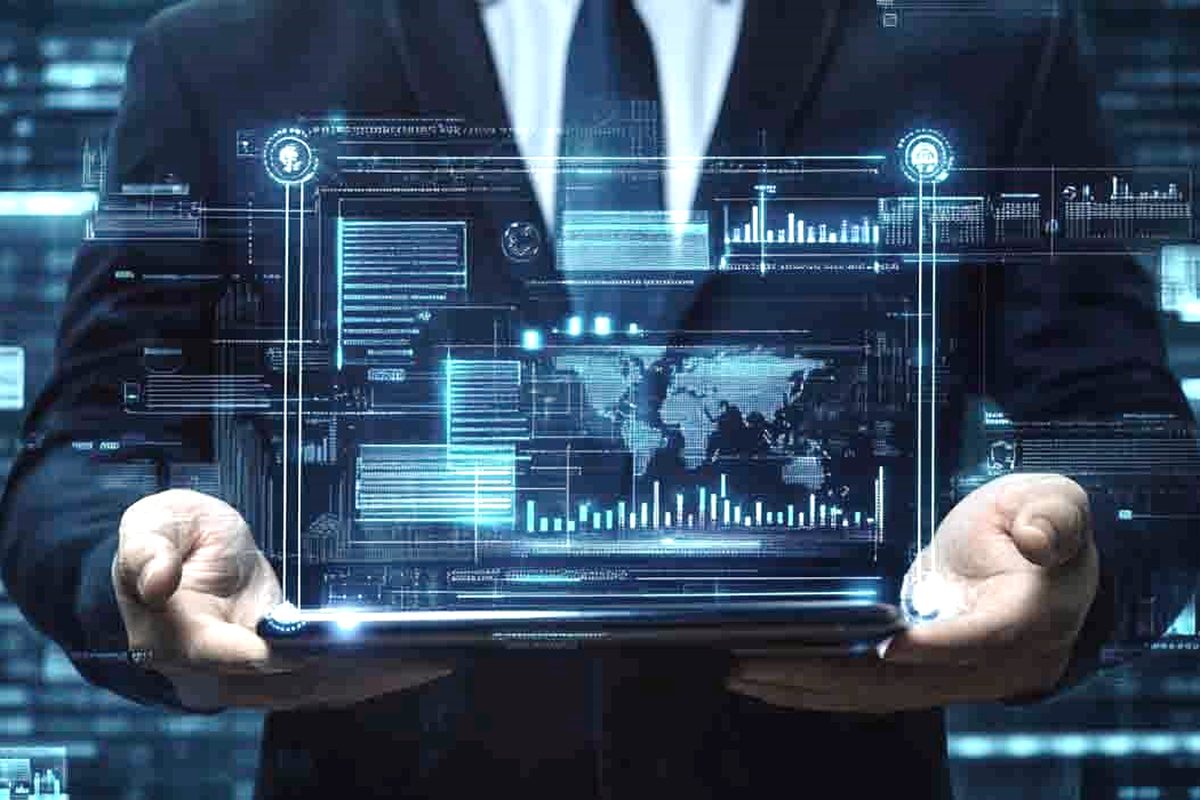 Executive holding a holographic analytics display
