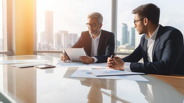 Businessmen meeting one them is wearing suit other has blueprint with word 662214 534751